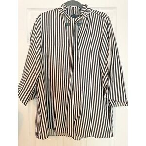 Kenneth‎ cole blouse tunic size Medium Black Stripe tie collar split sleeves